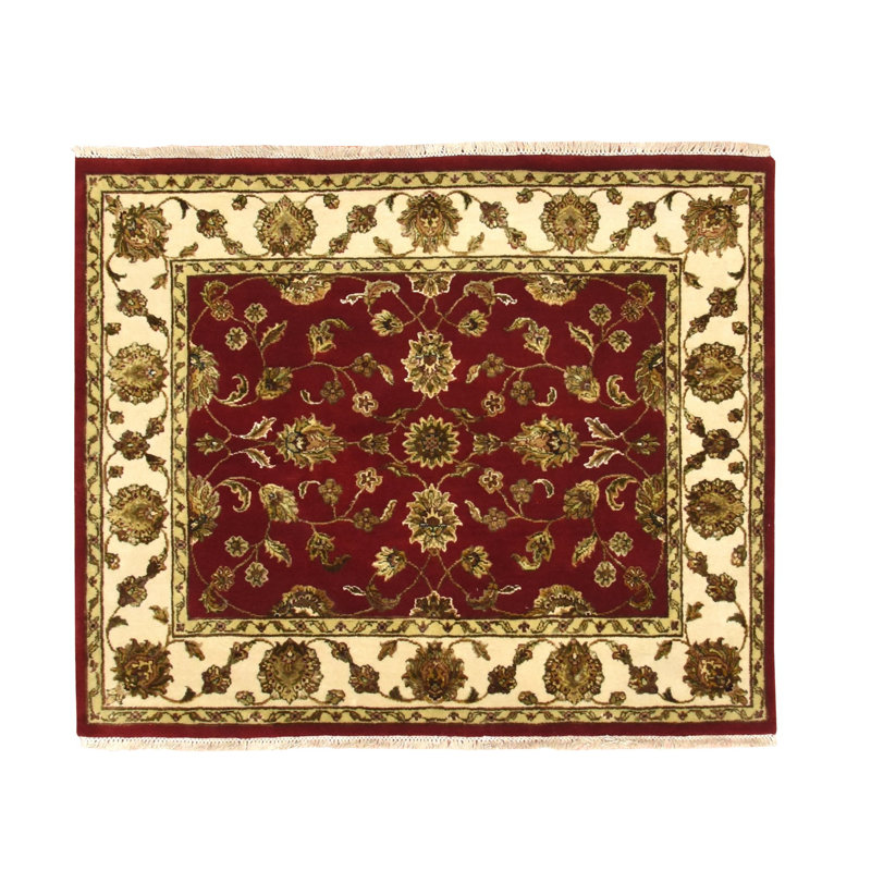 Tapis carré 4 pi 1 po x 5 pi rouge groseille, noué à la main, laine et soie, velours doux, épais et moelleux, motif oriental Rajasthan