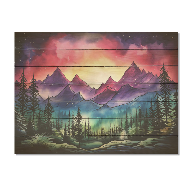 Mauve aurore boréale II - montagnes d'hiver sur bois, H 30 po x l 40 po x P 0,78 po