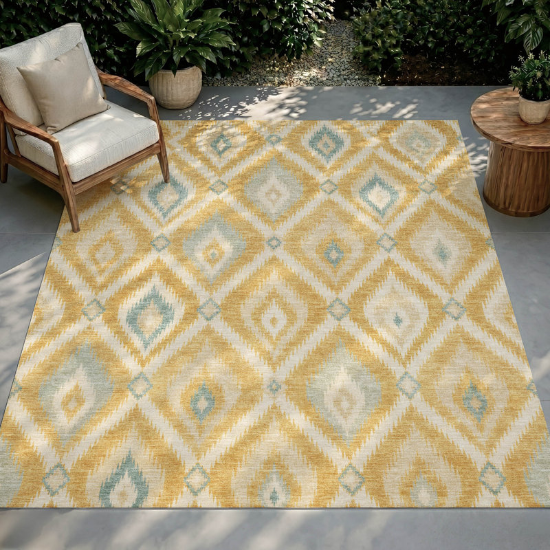 Tapis Chantille ACN3072 Ikat lavable à la machine pour intérieur/extérieur, Doré, 3 pi x 5 pi