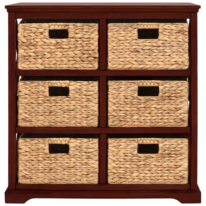 Keathley 6 - Drawer 29.13" W Solid Wood 3 Tier Storage Drawers with 6 Wicker Baskets, Cherry, Cherry