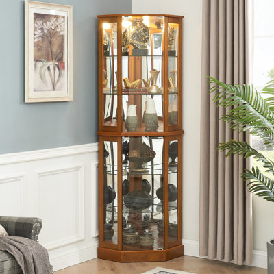 Lighted Showcase Cabinet In Oak, Mirrors, 6 Adjustable Shelves Oak Curio With Lights & Mirrored, Shelving Unit