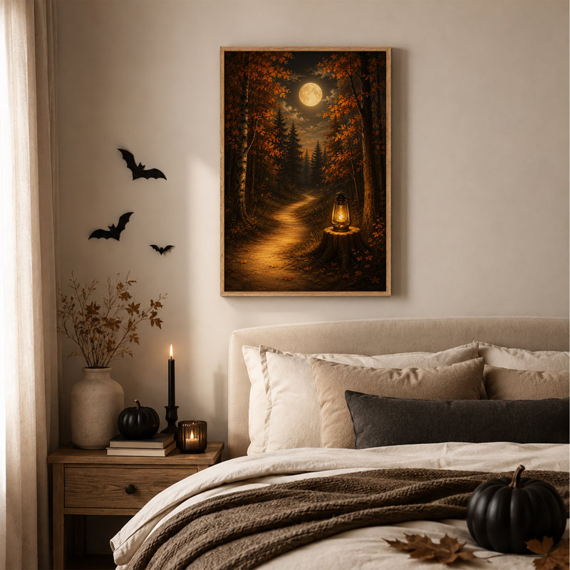 Art mural sur toile Halloween au clair de lune avec lanterne sur souche, H 24 po x l 18 po