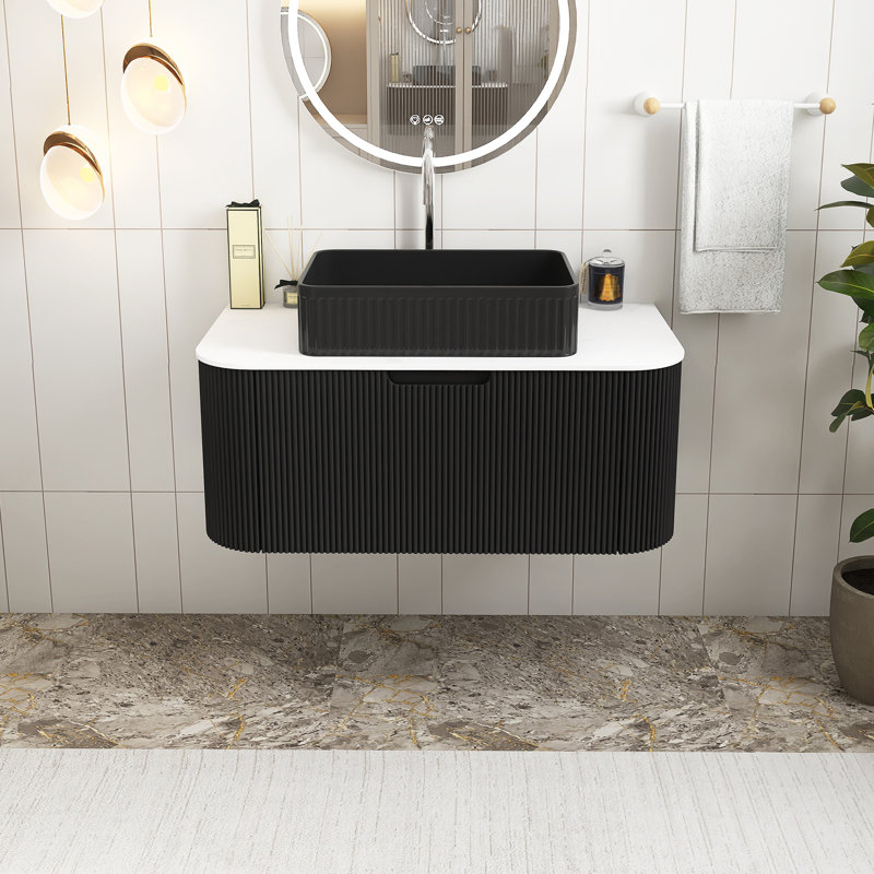 Meuble-lavabo mural rectangulaire en céramique blanche, Noir, 36"