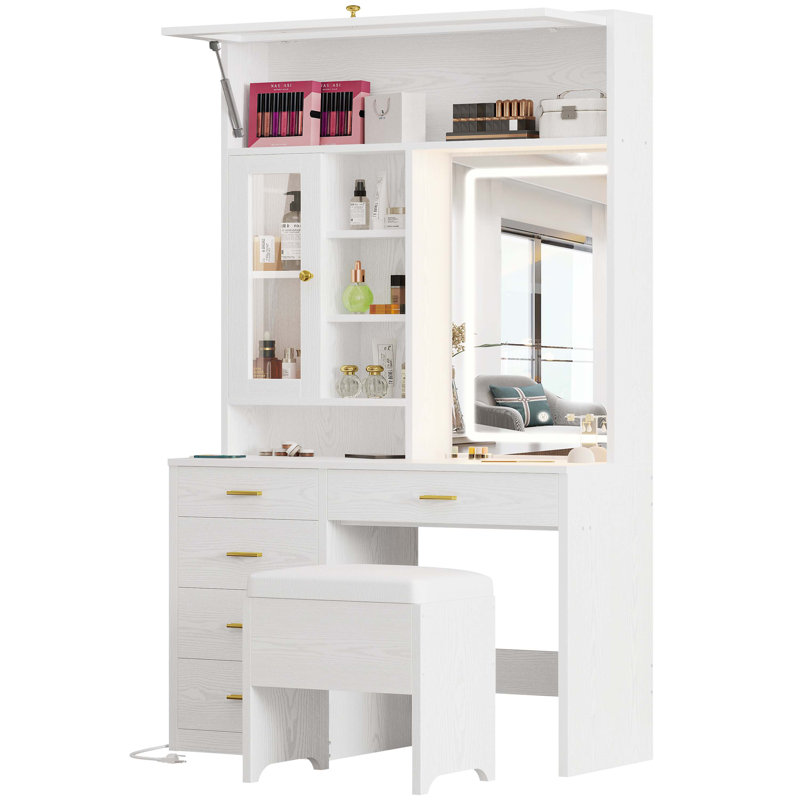 Modern Style 74.4"h Vanity Desk With Led Lighted Mirror And Power Outlet,makeup Vanity Table With Drawers And Open Cubies And Cabinets, White