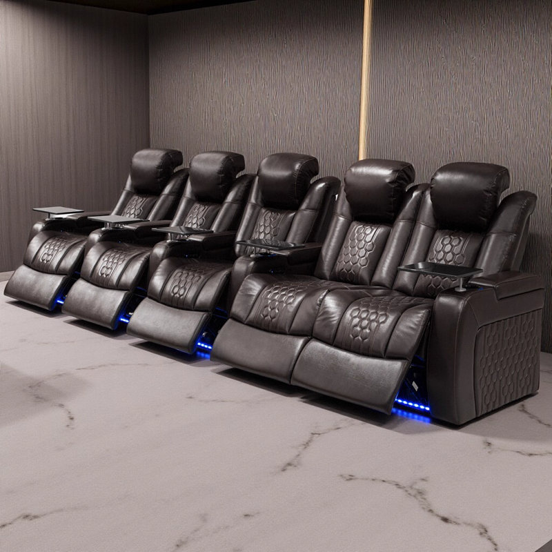 155.5"Power Recliner 5 PC Made Withtop-Grain Nappa,Fully Adjustable Relaxation,Smart Charging,Dynamic RGB LED Lighting,COFFEE