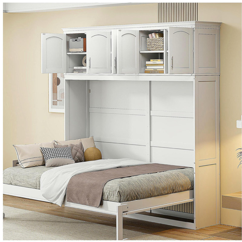 Lit double mural avec armoire supérieure, blanc, Blanc