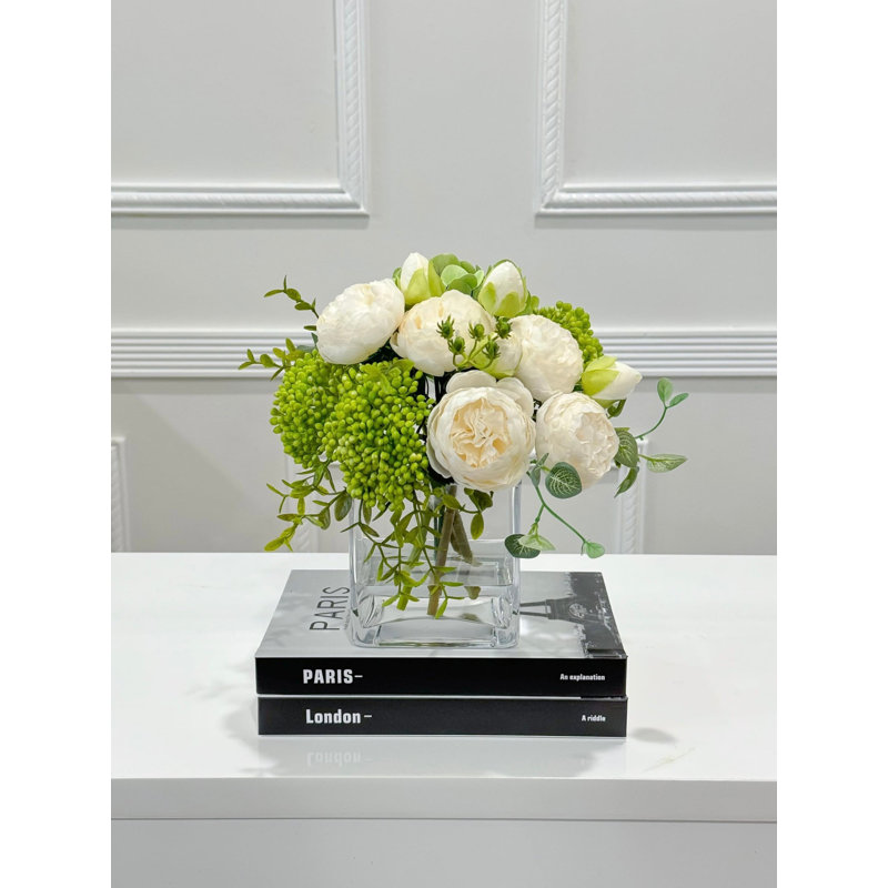 Faux Peony And Hydrangea In Vase, Beige