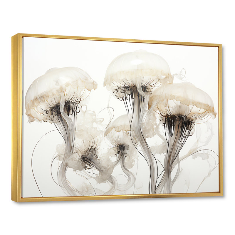 Minimalisme blanc méduse rêve II sur toile, Cadre flottant doré, H 24 po x l 32 po x P 1 po