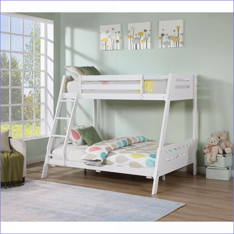 Lit superposé simple au dessus d'un lit double en bois massif avec échelle réversible et amp; 2 tiroirs sous le lit à finition blanche pour la deuxième chambre