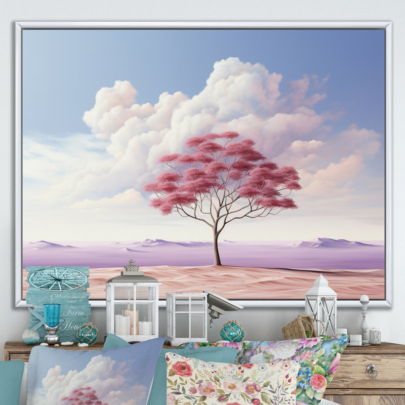 Arbre de minimalisme rose solitude II, H 16 po x l 32 po x P 1 po, Cadre flottant blanc
