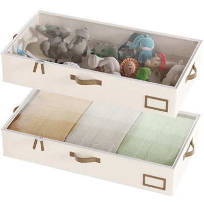 2-Pack Large Foldable Clothes Storage Boxes With Handles And Lids, Beige
