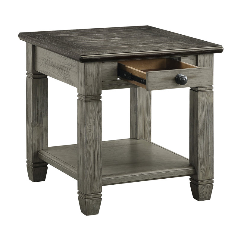 Antique Gray Finish Side Table With Coffee Detailing, Drawer & Shelf And Living Room End Practical Design, Antique Gray