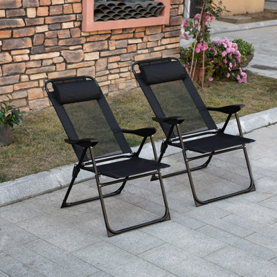 Ensemble de 2 chaises de patio pliantes, chaise longue d'extérieur à dossier réglable, chaise de camping avec appui-tête amovible pour le jardin, la cour et la pelouse