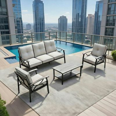 Ensemble de meubles de patio en métal 4 pièces toutes saisons avec coussins épais et table basse, parfait pour se détendre en plein air et recevoir