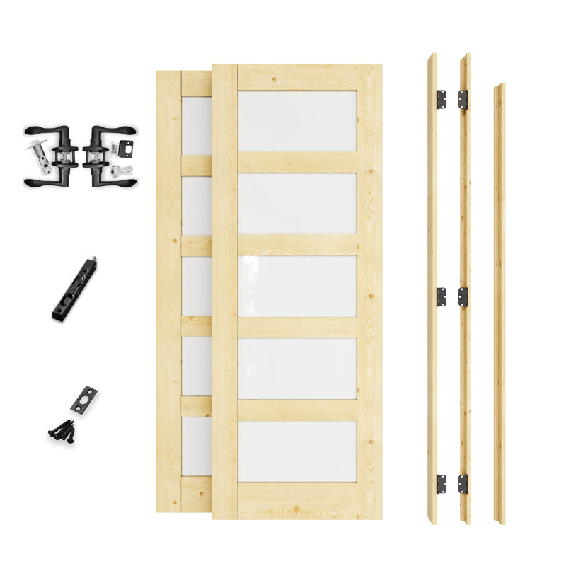 Porte française intérieure de 64 po x 80 po, portes en bois de pin et verre trempé givré 5-Lite, bois de pin massif à peindre non fini, ensemble de cadre complet, charnières noires, 4 leviers courbés et loquet, fabrication en bois de pin naturel robuste et verre d'intimité et en verre givré