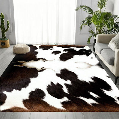 Faux Black White Brown Cowhide Print Area Rug, Soft Plush Animal Hide Pattern, Soft Durable, Machine Washable Non-Slip Floor Carpet, Stylish Decorative Rustic Farmhouse Indoor Home Accent for Living Room, Bedroom, Den, Office, Apartment