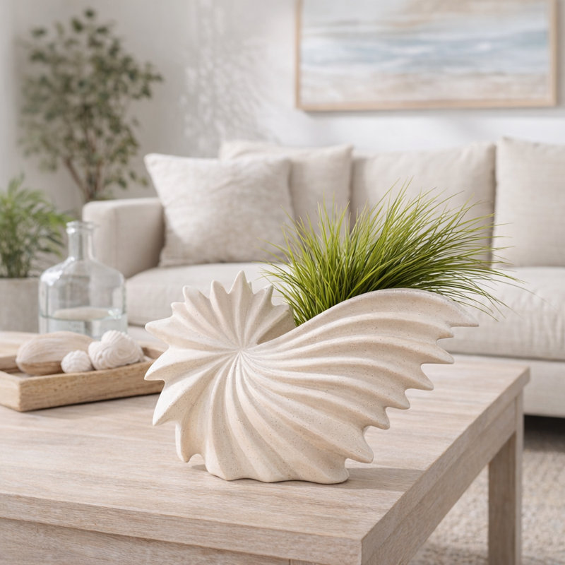 Figurine en céramique moderne, inspirée d'une coquille et de sa forme abstraite en spirale, idéale pour la décoration intérieure - Sculpture décorative de style côtier pour le salon - 25 cm, gris