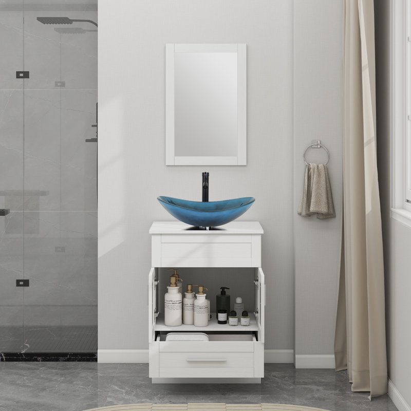 Free Standing Bathroom Vanity With Sink, White, Dark Blue