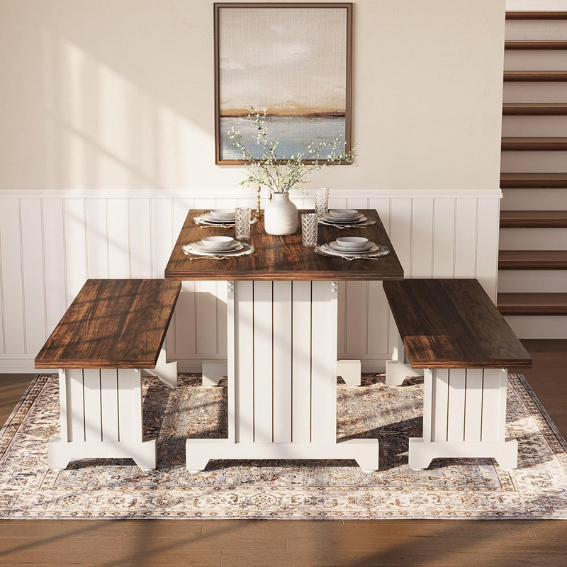 Ensemble de table de salle à manger pour 4 personnes avec 2 bancs, table de cuisine moderne avec panneau de fibres à densité moyenne, coin-repas compact pour la cuisine, la salle à manger, brun et blanc