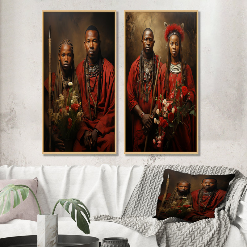 «African Maasai Warriors II» - ensemble de 2 reproductions d'art sur toile, Encadrement brun, H 40 po x l 41 po