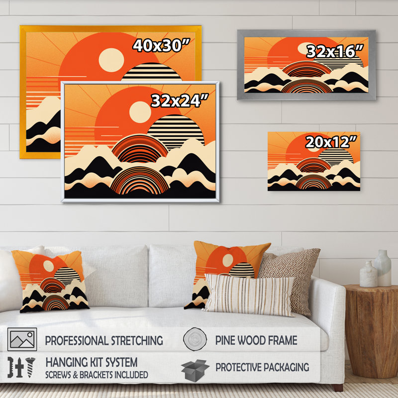Soleil orange assis sur un sommet de montagne V sur toile, Cadre doré à une seule photo, H 30 po x l 40 po x P 1,5 po