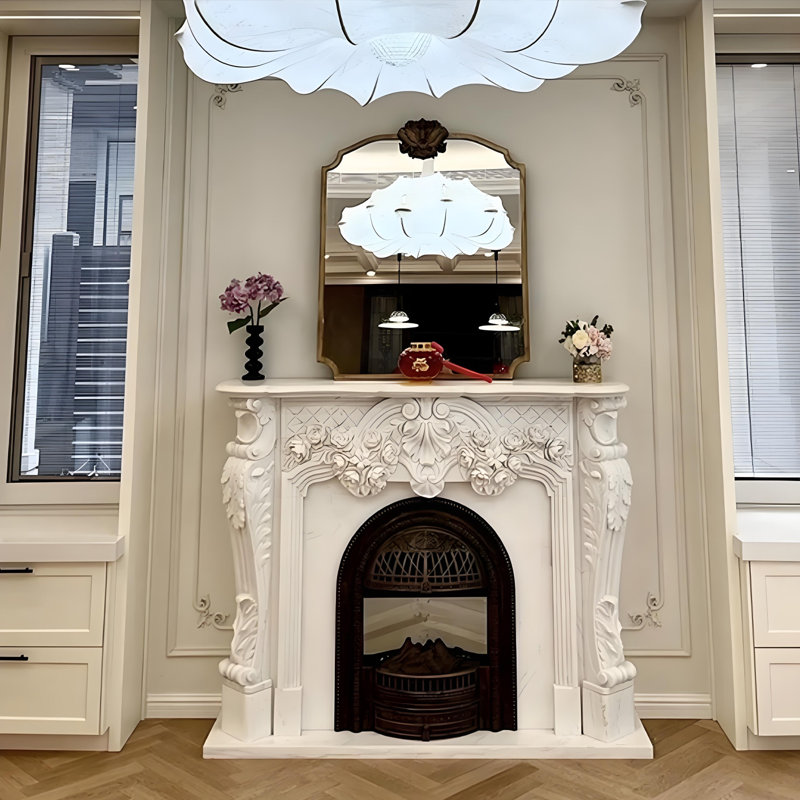 51.18"White Natural Marble Simulated Flame Electric Fireplace Heater, White, 43.31" H x 51.18" W x 13.78" D