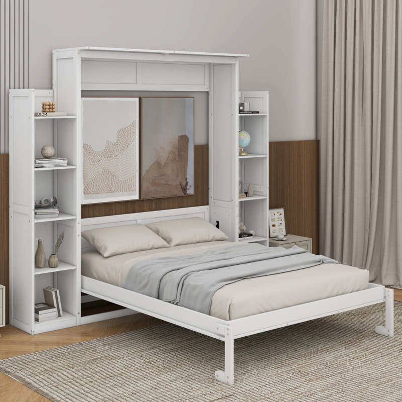 Grand lit escamotable avec tablettes et DEL, Blanc