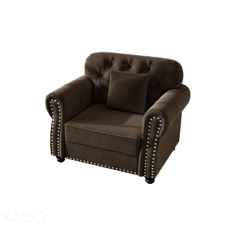 Canapé Chesterfield de 41,3 po en velours avec garniture cloutée et accoudoirs roulés, canapé de style Mid-Century moderne capitonné avec boutons, brun