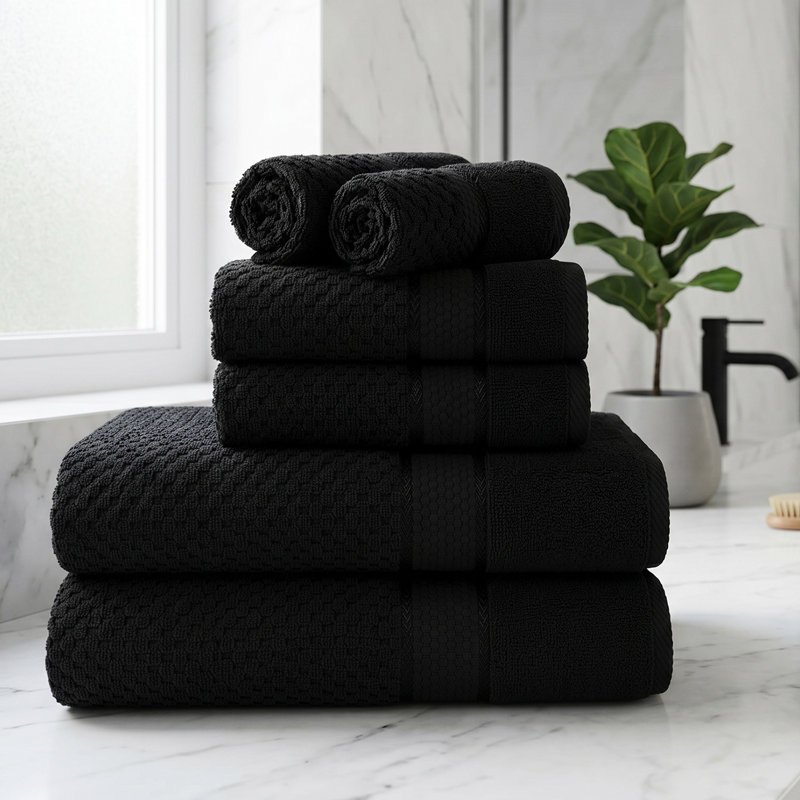 Collection de serviettes texturées 100% coton Mulaayam, Ensemble de serviettes 6 pièces, Noir, noir, noir, noir