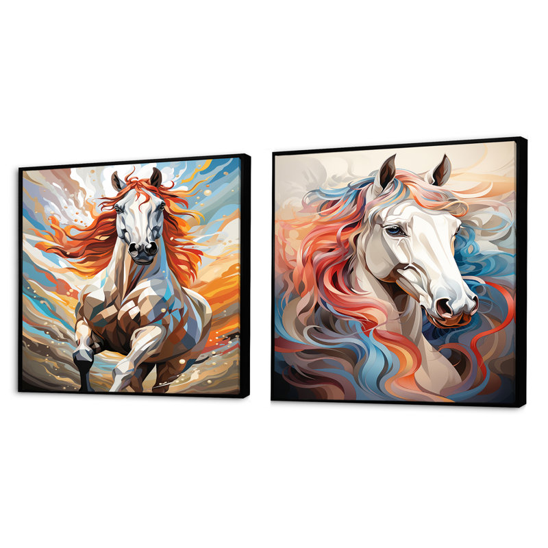 Cheval lustré multicolore - ensemble de 2 animaux carrés, Cadre flottant noir, H 16 po x l 33 po