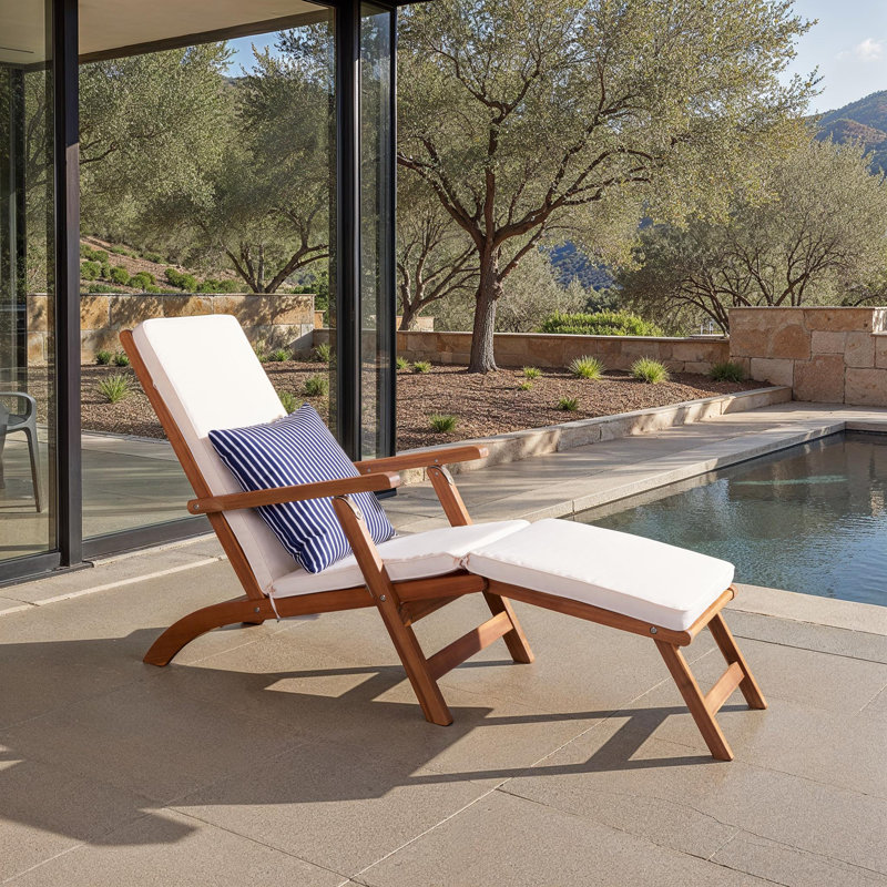 Barksdale Outdoor Acacia Wood Chaise Lounge , Cushion Included, Natural Frame/Beige Cushion with Throw Pillow