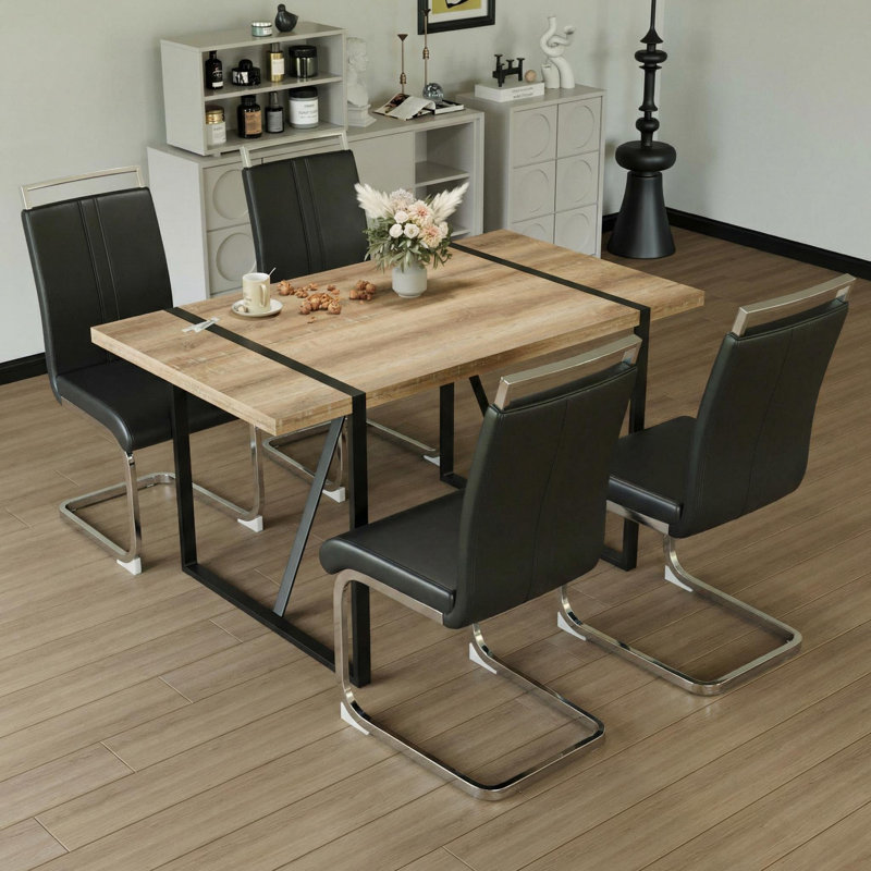 Modern Spahn With Rectangular Table & 4 Pu Leather Chairs, Black/Silver
