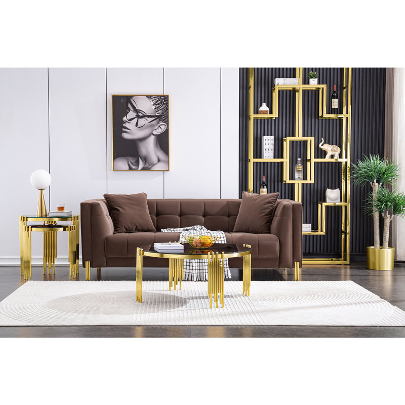 Tarron Round Glass Coffee Table, Black, Gold