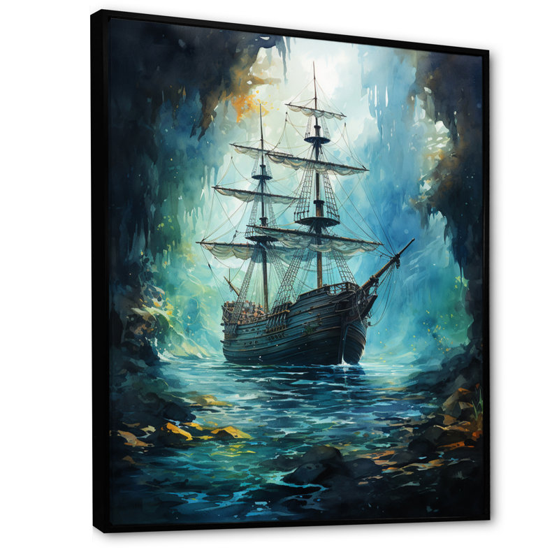 " Sirens Song Pirate Boat ", 20" H x 12" W x 1" D, Black Floater Framed