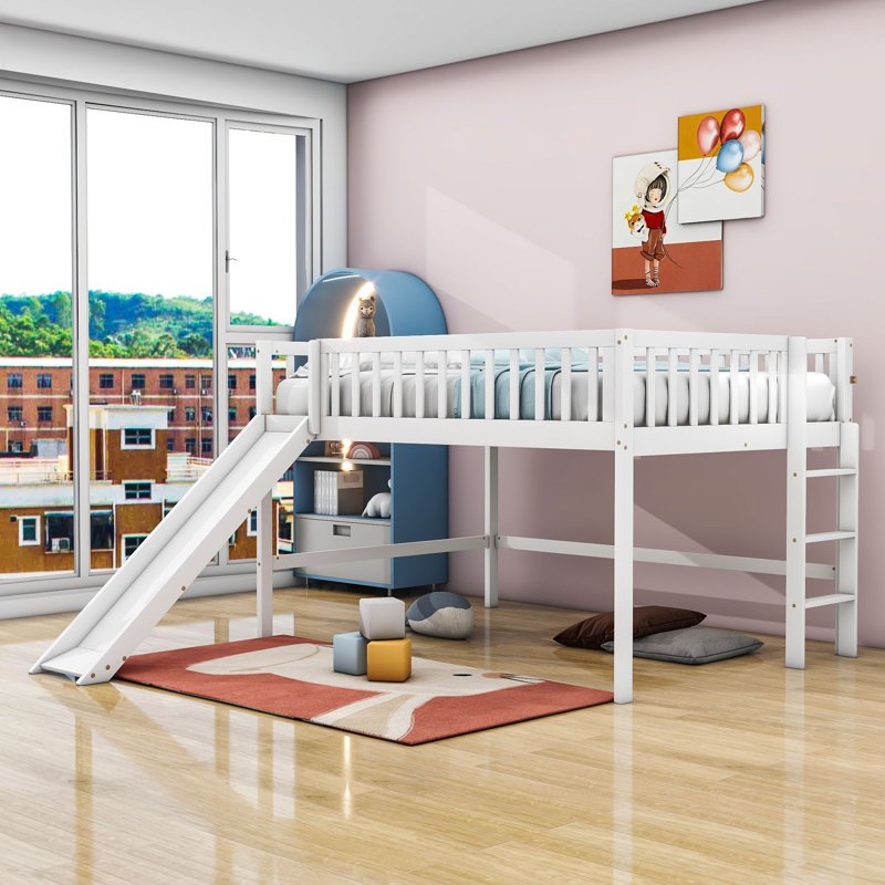 Lit mezzanine en bois avec échelle et glissade Jacoury, Blanc