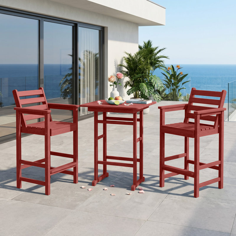Adirondack Bar Table & 2 Chairs Set, 3-Piece Outdoor Bar Height Stool Set for Patio, Garden & Poolside - Red, Red, No