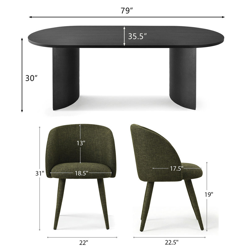 7-Piece Modern Oval Dining Table Set For 6 With Black Pedestal Base And 6 Upholstered Barrel Dining Chairs, Green