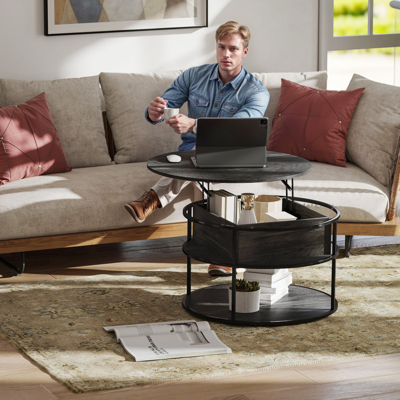 Table basse à plateau relevable, table basse ronde avec tablette de rangement, gris