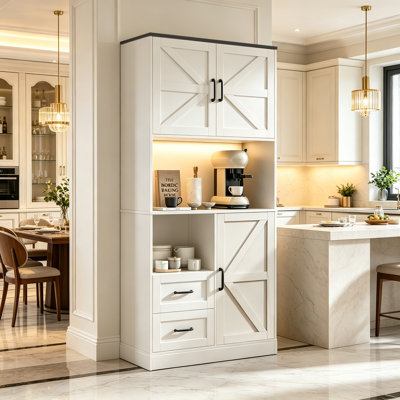 Armoire de 68 po avec prise de courant, armoire de rangement de cuisine avec bande lumineuse à DEL et station de charge, armoire de rangement de cuisine avec portes de grange et tablette réglable