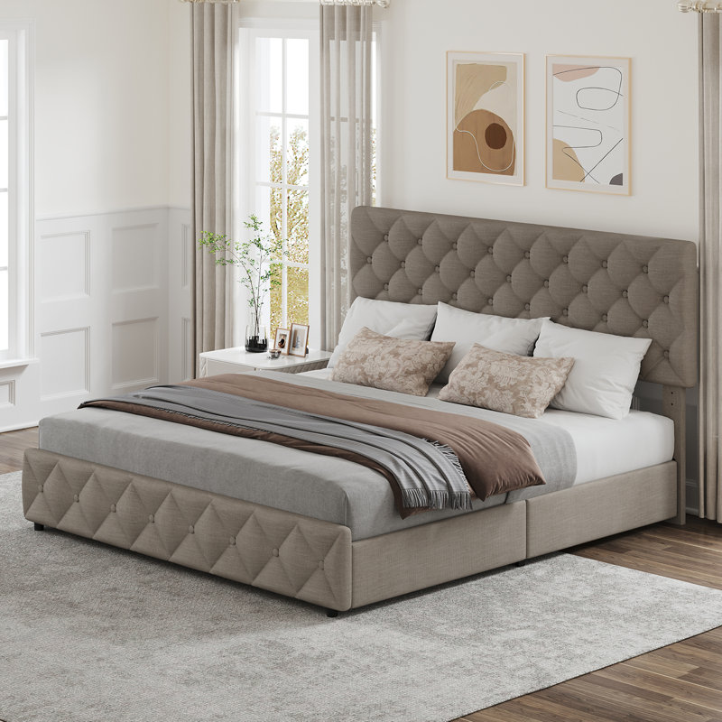 Bed Frame With Adjustable Headboard And 4 Storage Drawers, Linen Upholstered Platform Bed Frame, Light Gray, King