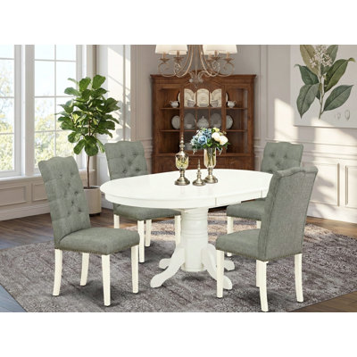 5 Piece Modern Dining Table Set Includes an Oval Wooden Table with Butterfly Leaf and 4 Gray Linen Fabric Upholstered Chairs, Linen White