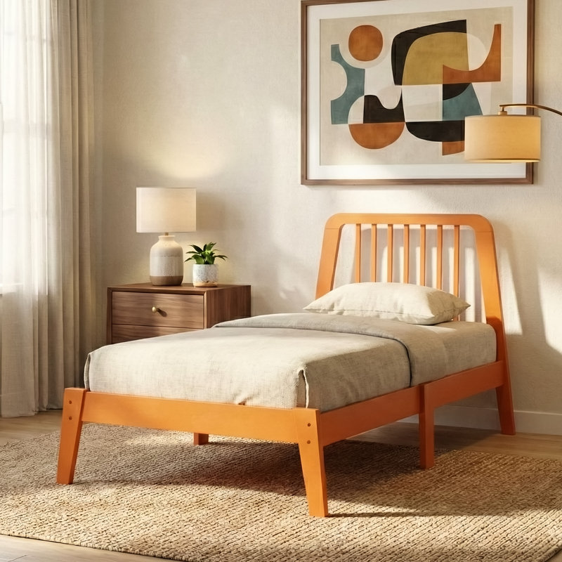 Bustillo Modern Solid Wood Twin Platform Bed with Spindle Headboard, Orange