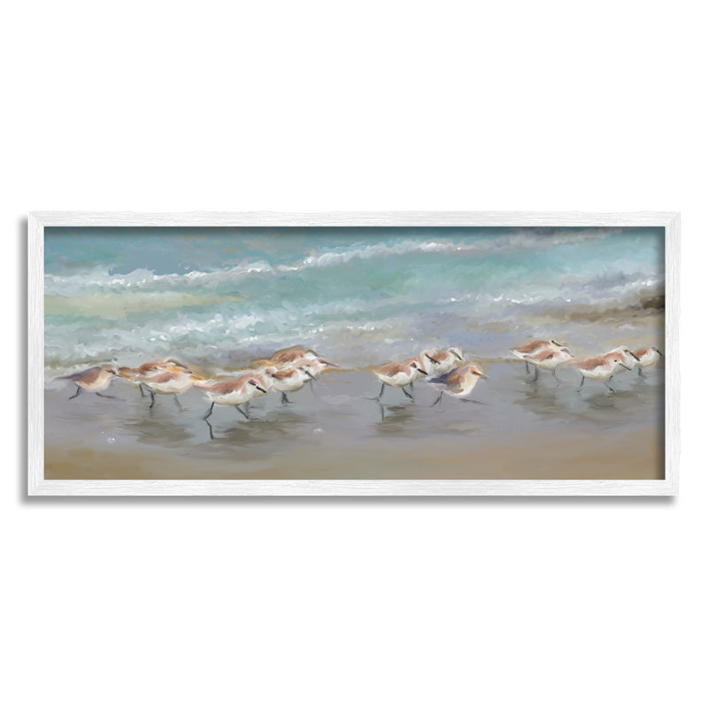 «Sandpiper Flock Shoreline Splashing White», estampe numérique par Rick Novak, H 13 po x l 30 po x P 1,5 po