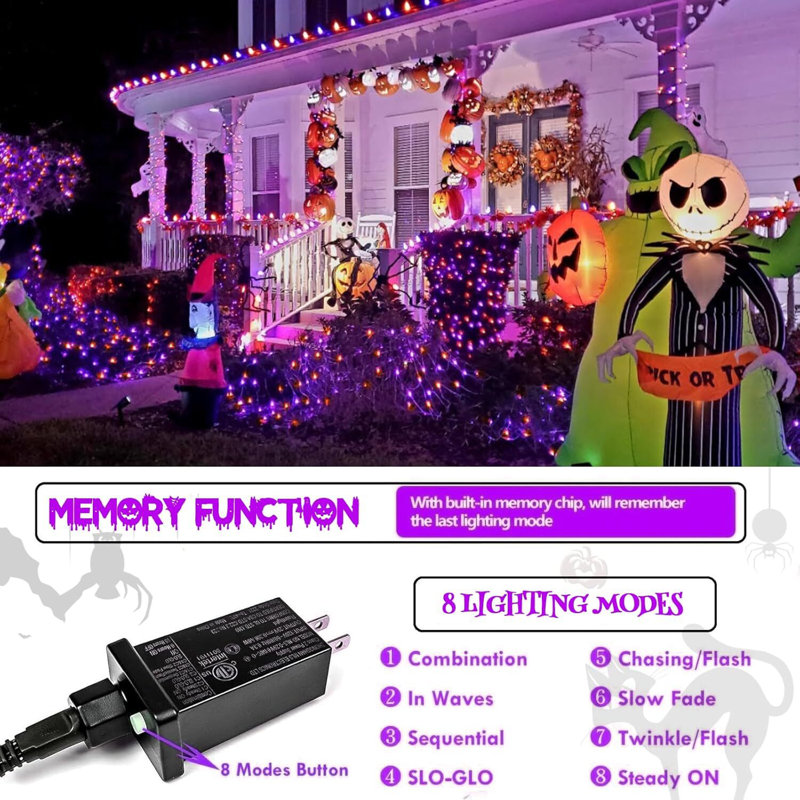 8 Modes 66FT 200 LED Super Bright String Christmas Lights,, Orange Purple