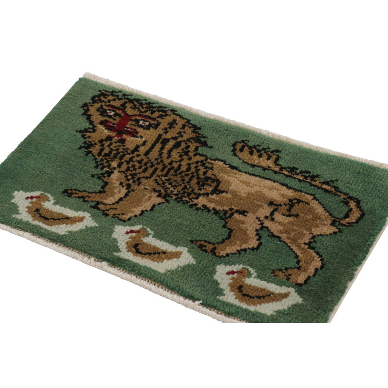 Vintage  Turkish Rug, Green With Brown Lion Pictorial - Rug & Kilim