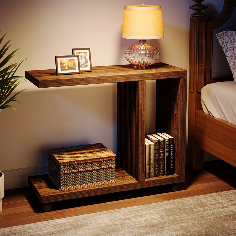 C Shaped End Table with Lockable Wheels, Rustic Wood Side Table for Living Room