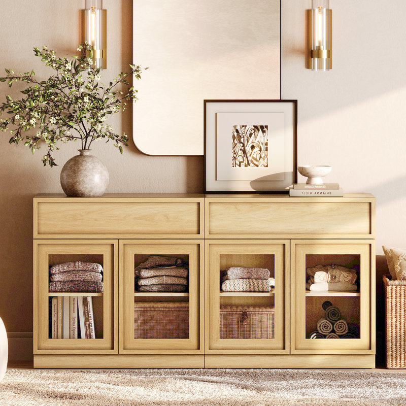 Armoire d'appoint moderne avec 4 portes en verre et tiroir, commode d'appoint multifonctionnelle avec grand rangement et tablette réglable