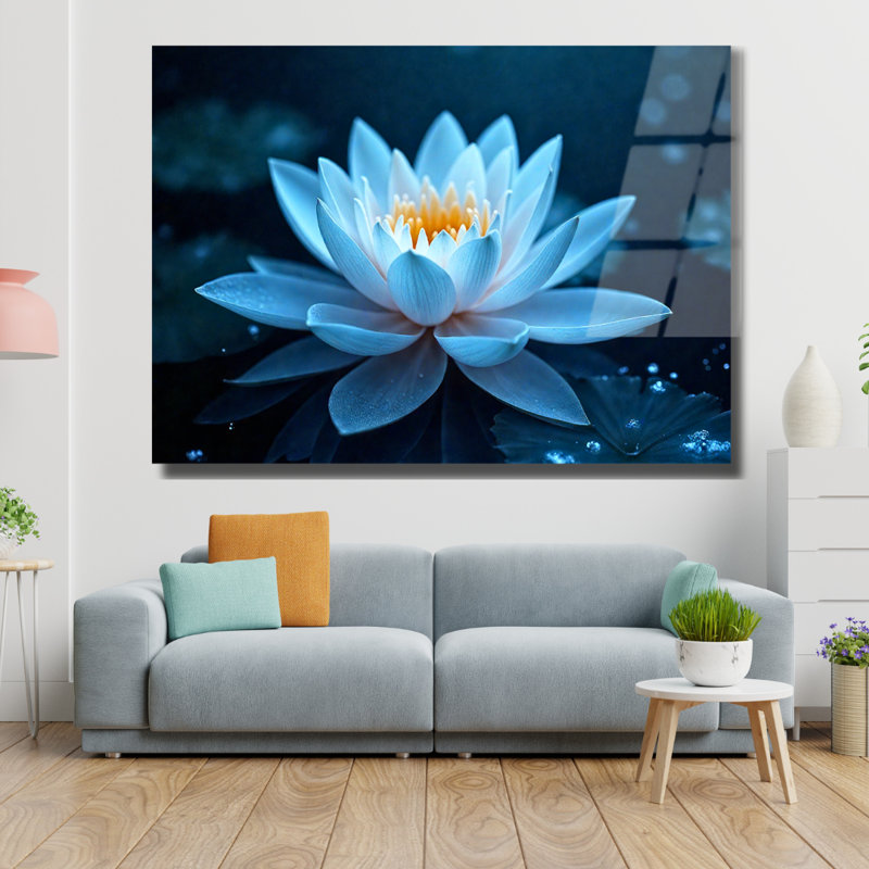 Fleur de lotus, art mural en verre trempé, décor floral, H 18 po x l 24 po