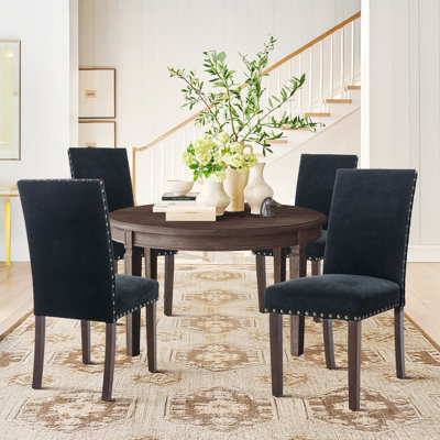 Bontrager Upholstered Nailed Trim Linen Parsons Dining Chairs with Solid Wood Legs