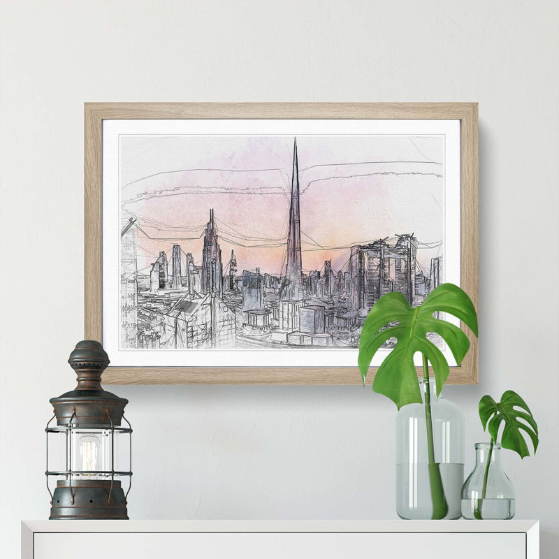 Dubai Skyline in Abstract - Picture Frame Graphic Art Print, Oak Framed, 27cm H x 36cm W x 2cm D